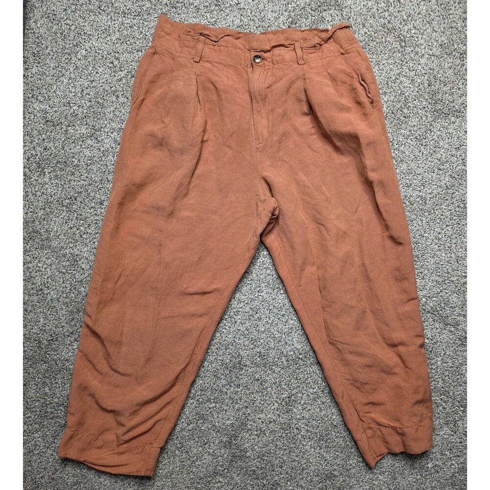 Madewell Linen Blend Pants Size 12 Cropped Pleated Paperbag Waist Rust Light